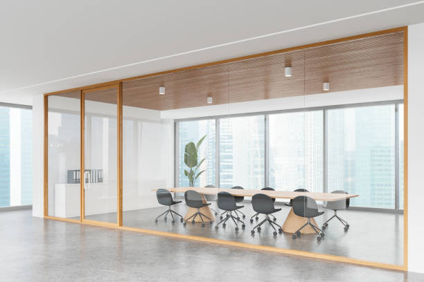 istock Cozy conference interior with meeting board and chairs, panoramic window 2166413511