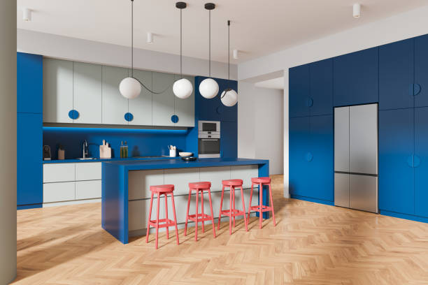 istock Colored blue home kitchen interior with bar island and cooking cabinet, fridge 2166413551