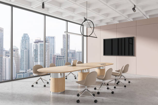 istock Cozy conference interior with table and chairs, tv screen and panoramic window 2166413577