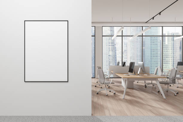 istock White office business room interior coworking and panoramic window. Mockup frame 2166413836
