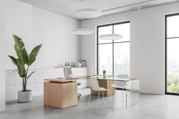 istock Cozy ceo interior with glass table and chairs near panoramic window 2166414003
