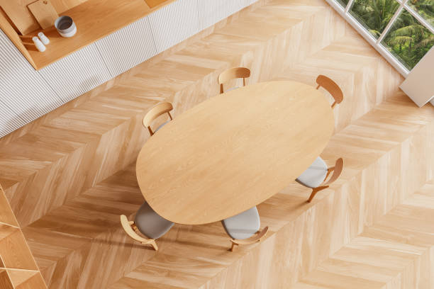 istock Top view of home kitchen interior with eating table and chairs, panoramic window 2166414025