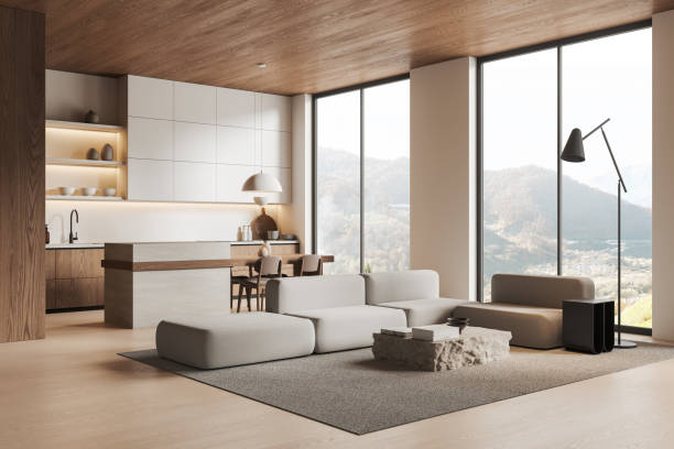 istock Stylish home studio interior with relaxing and cooking zone, panoramic window 2166414167
