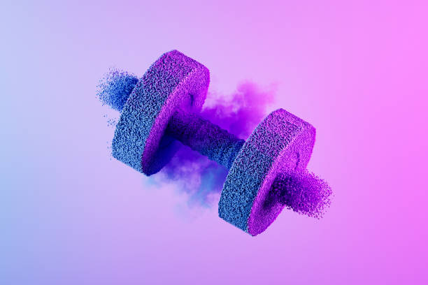 Dumbbell weights with particles on neon lighting purple background. Digitally generated image. 3d render.