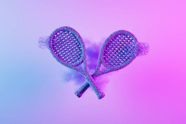 Tennis racket with particles on neon lighting purple background. Digitally generated image. 3d render.