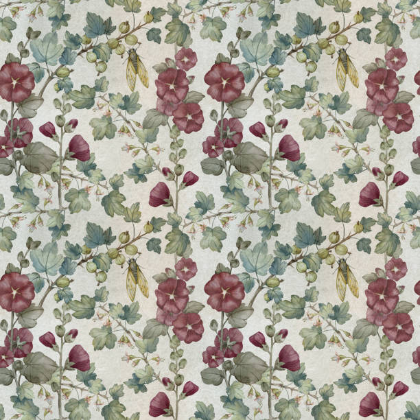 istock Mallow floral seamless pattern with garden plants, hollyhocks, gooseberries and cicadas Hand painted in watercolor. For textile and fabric design, wrapping paper, wallpaper 2166415537