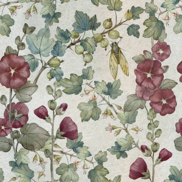 istock Mallow floral seamless pattern with garden plants, hollyhocks, gooseberries and cicadas Hand painted in watercolor. For textile and fabric design, wrapping paper, wallpaper 2166415580