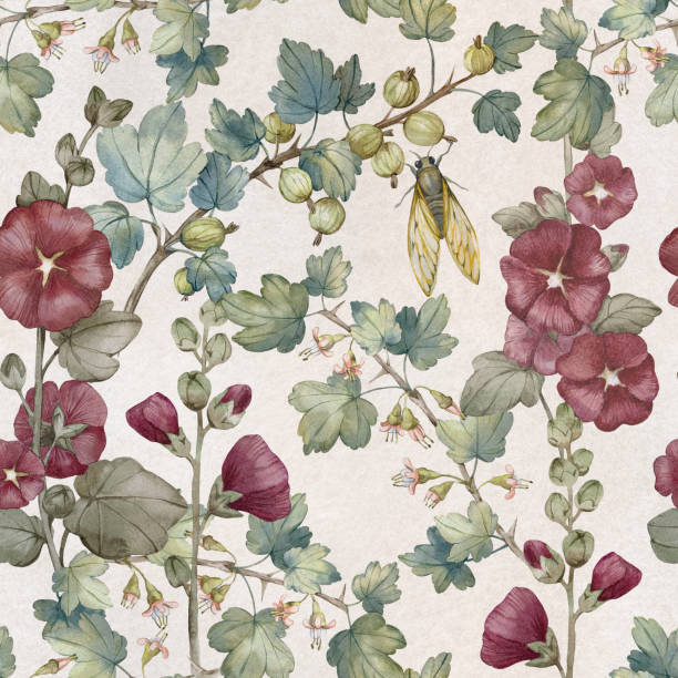 istock Mallow floral seamless pattern with garden plants, hollyhocks, gooseberries and cicadas Hand painted in watercolor. For textile and fabric design, wrapping paper, wallpaper 2166415606
