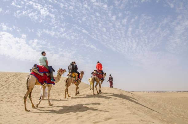 Jaisalmer, Rajasthan, India. February 15, 2016. Indian cameleers (camel drivers) with camels in Sam sand dunes of Thar desert. Desert Safari. Travel tourism background.