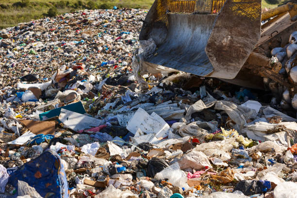 istock Heavy machinery shredding garbage in an open air landfill. Pollution 2166417200