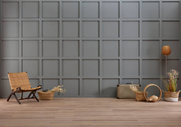 istock Grey decorative wall background and wicker chair bag accessory style with cotton flower style. 2166417743