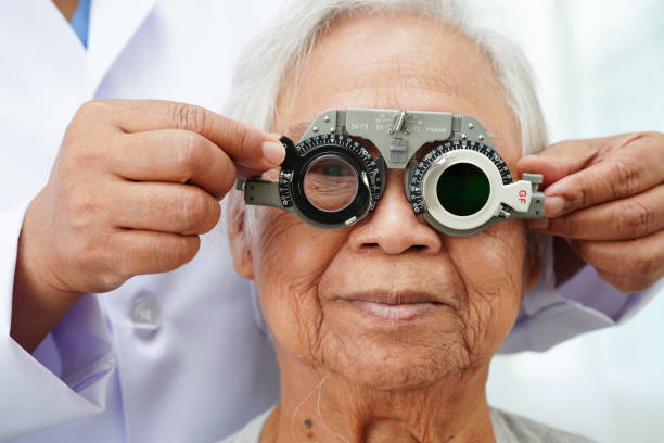 istock Optometrist checking Asian elderly woman ophthalmic vision eye test and using optical trial frame. 2166421495