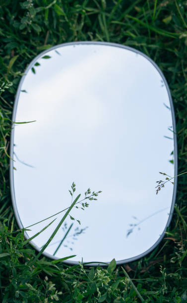 istock Round mirror lying in green grass with copy space. Grass and sky reflection in the mirror. Ecology concept. Mirror on green lawn. Nature fragility. Summer landscape in the mirror. 2166421534
