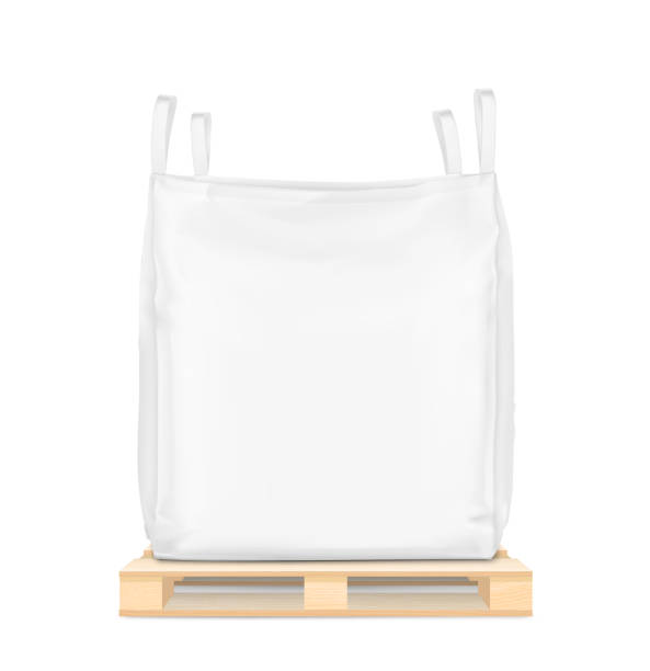 Flexible intermediate bulk container big bag on wooden pallet mockup. High realistic. Vector illustration isolated on white background. Ready for use in presentation, promo, advertising. EPS10. giant cube stock illustrations