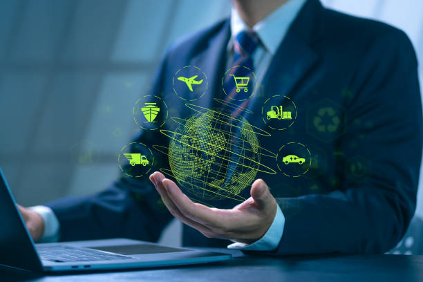 Businessman using computer with icons about green transportation, eco-friendly transportation and eco-friendly transportation industry analysis.