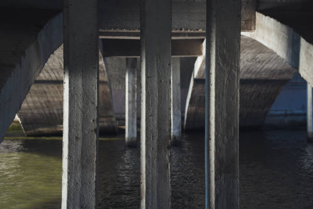 Concrete bridge supports, under the bridge over the river. High quality photo