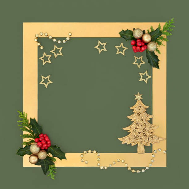 istock Gold Christmas Tree and Baubles Holly Berry Background Border 2166427409
