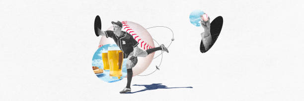 istock Banner. Contemporary art collage. Vintage baseball pitcher winds up for throw, surrounded by beer, pretzels, and large baseball. 2166431461