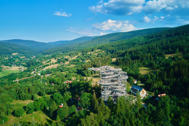 Aerial view of observation tower with spiral staircase over green forest and mountains. Sky Walk observation tower in Sweradow Zdroj, Poland. Outdoor activities and hiking concept