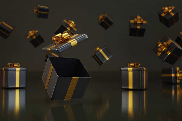 istock Many black gift boxes with golden bows. 3d illustration. 2166443448
