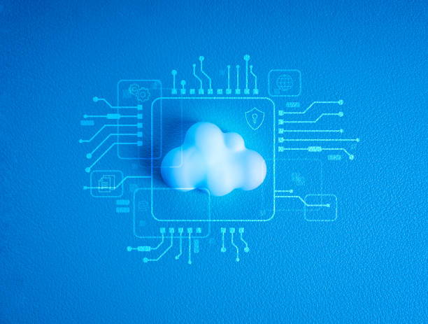 cloud-computing-infrastrukturtechnologie, konzept des datensystemspeicherdienstes. moderne weiße kleine wolke mit symbolen für die verwaltung digitaler tools und schaltungsgrafik auf blauem hintergrund, minimaler stil. - cloud computing stock-fotos und bilder