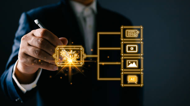istock Man touch icon and use ai generates multimedia, marketers education, research, analyze media video streaming content creation and online marketing strategies to grow their digital business 2166444525