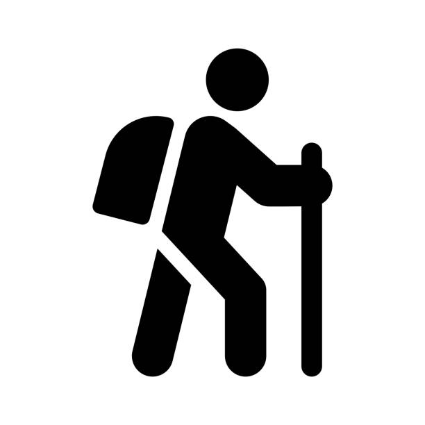 Orienteering vector hiking icon isolated Hiking vector icon. Mountaineering and backpacking related stick man walking symbol hiking sign stock illustrations