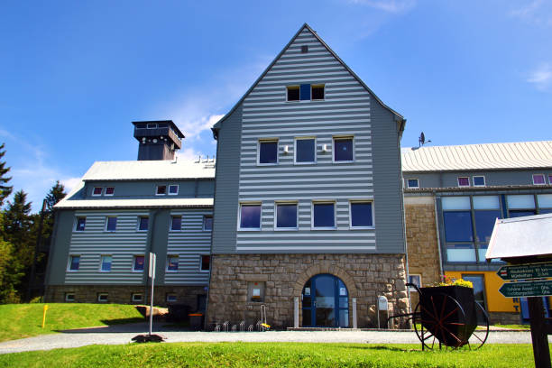 Klingenthal, Germany - August 11, 2024: Youth hostel and observation tower, named after Otto Hermann Boehm. Located in Klingenthal, Vogtland district of Saxony, on the local Aschberg mountain.