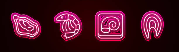 istock Set line Mussel, Shrimp, Octopus on a plate and Fish steak. Glowing neon icon. Vector 2166452628