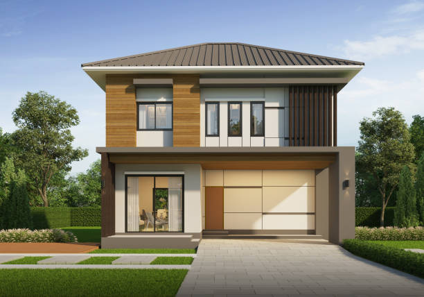 istock Modern house exterior day light with lawn grass.3d rendering 2166461586