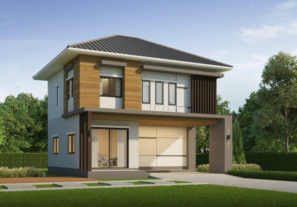 istock Modern house exterior day light with lawn grass.3d rendering 2166461603