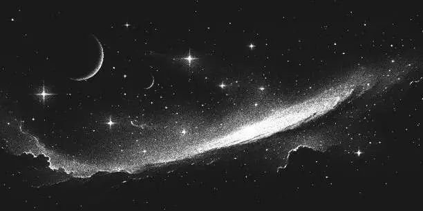 Fondo de escena del espacio profundo en estilo punteado con galaxia espiral, nebulosa brillante y estrellas. Dotwork de estilo retro. Puntillismo. Panorama. Sombreado granulado ruidoso con puntos. Ilustración vectorial Fondo de escena del espacio profundo en estilo punteado con galaxia espiral, nebulosa brillante y estrellas. Dotwork de estilo retro. Puntillismo. Panorama. Sombreado granulado ruidoso con puntos. Ilustración vectorial