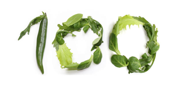 istock green anniversary number 100, one hundred, from chilli pepper and salad lettuce leaf 2166463070