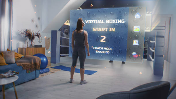 Female athlete in AR headset starts boxing training. VR screen shows virtual coach