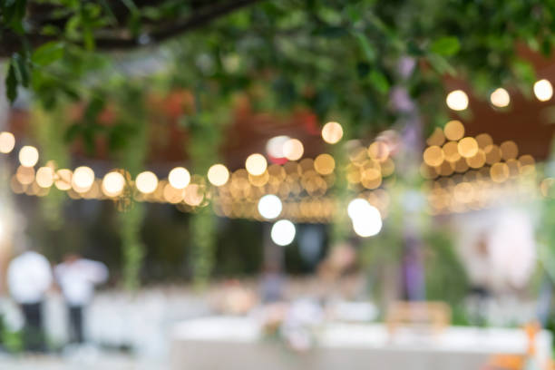 istock Blurred outdoor wedding reception celebration party at hotel 2166466580