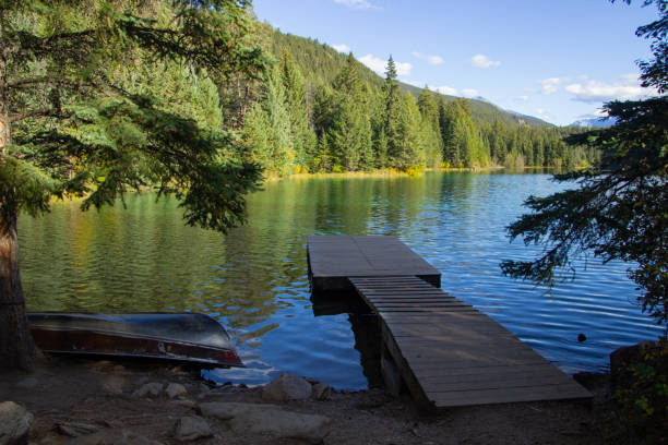 istock Dock on a tranquil green lake in the mountains in Jasper. 2166466918
