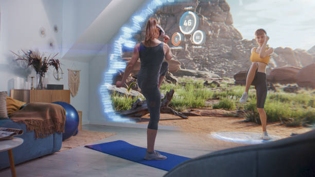 istock Athletic woman wears on AR headset and exercises doing squats 2166470653