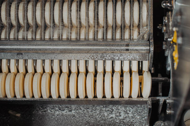 istock Automatic production line for packaging tablets at a pharmaceutical factory. Close-up of tablets in production. White tablet close-up. 2166471632