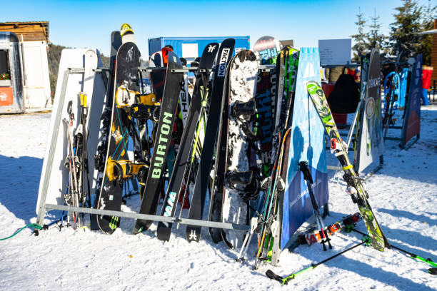 Paltinis, Sibiu. December, 9, 2023 Ski and snowboard rental stand at a ski resort