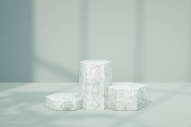 istock 3d render, natural hexagon podium concept, mockup, template, stone podium display in wall shadow background. Scene for product display. Realistic podium Illustration. 2166477821