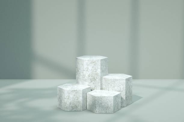 istock 3d render, natural hexagon podium concept, mockup, template, stone podium display in wall shadow background. Scene for product display. Realistic podium Illustration. 2166477826