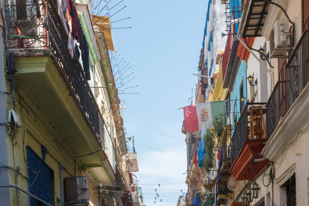 Havana, Cuba - August 10, 2024: Low-angle view of balconies and facades in old buildings. No people.