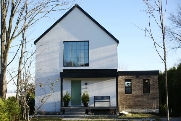 beautiful little modern white house with black toad roof, modern style, black and white.
