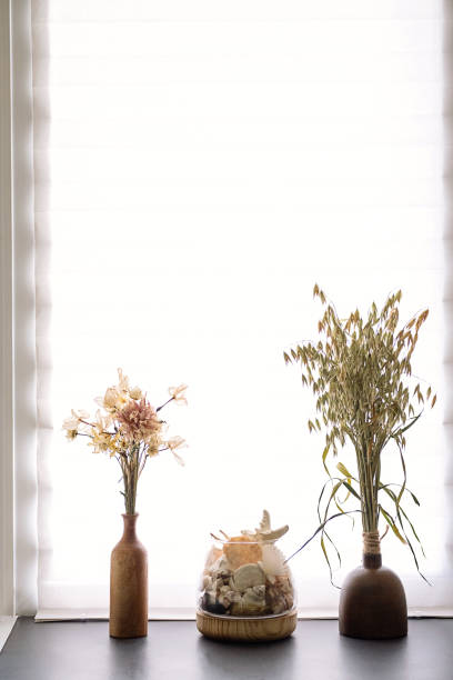 istock Dried floral arrangement and seashells in rustic vases on windowsill by window. 2166485191
