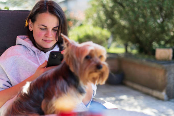 istock a beautiful dark-haired girl sits at a table in the backyard scrolling through her phone feed. A cute dog sits on her legs. 2166491476
