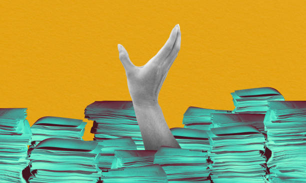 Person buried in paperwork hand raised collage art