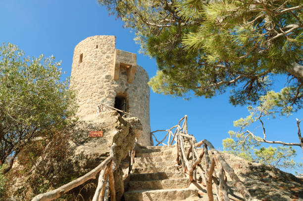 Coastal landscape in Mallorca with pine trees and old watchtower