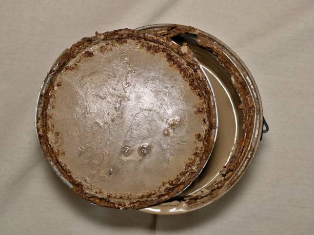 istock Rusted old metal paint tin with open lid on drop cloth brown color. 2166503537