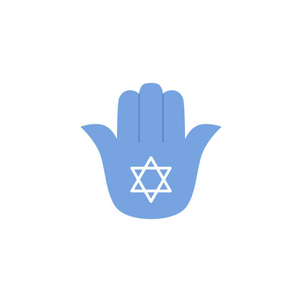 Hamsa. An amulet on a blue palm with a six-pointed star, a symbol of Judaism and serves as a sacred decoration reflecting the religious traditions of Israel..