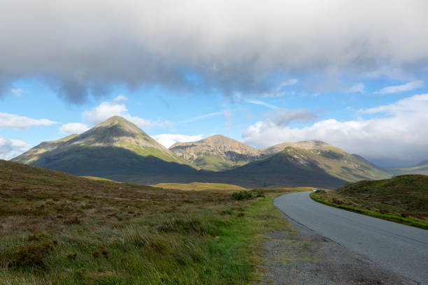A road on Isle of Skye, Scotland, winding through the mountains.